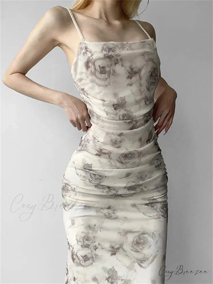 Retro Floral Print for Women Sleeveless Strap V-neck Ruched Split Summer Party Female Vestidos
