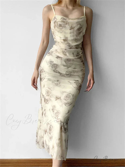 Retro Floral Print for Women Sleeveless Strap V-neck Ruched Split Summer Party Female Vestidos WHITE / S