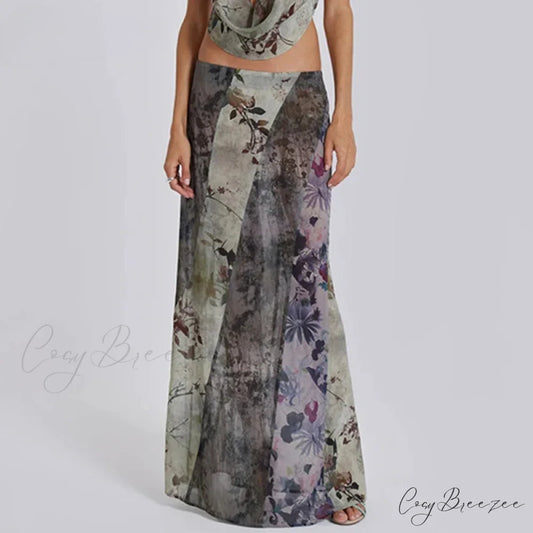 Retro Floral Print Long Patchwork Mesh Low Rise Skirt as picture / S skirt-250126