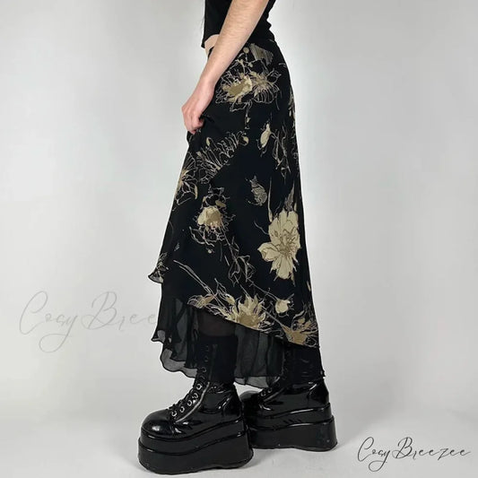 Retro Floral Print Low Rise Slim-Fitting Streetwear Skirt skirt-250126