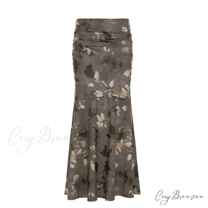 Retro Floral Print Maxi Skirt Grunge Style 2000s skirt-250126