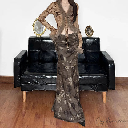 Retro Floral Print Maxi Skirt Grunge Style 2000s skirt-250126