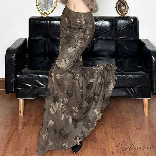 Retro Floral Print Maxi Skirt Grunge Style 2000s Brown / S skirt-250126