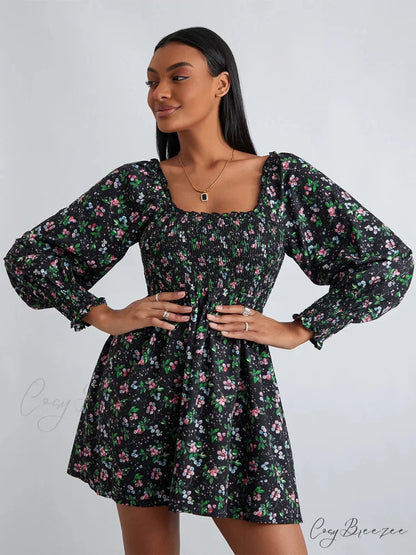 Retro Floral Print Ruffled Trim Square Neck A-Line Short Dress Black / S floraldress-250126