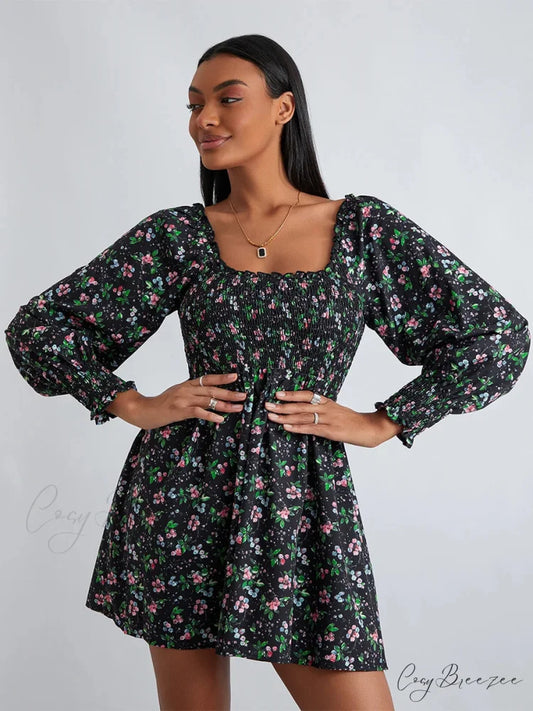 Retro Floral Print Ruffled Trim Square Neck A-Line Short Dress Black / S floraldress-250126