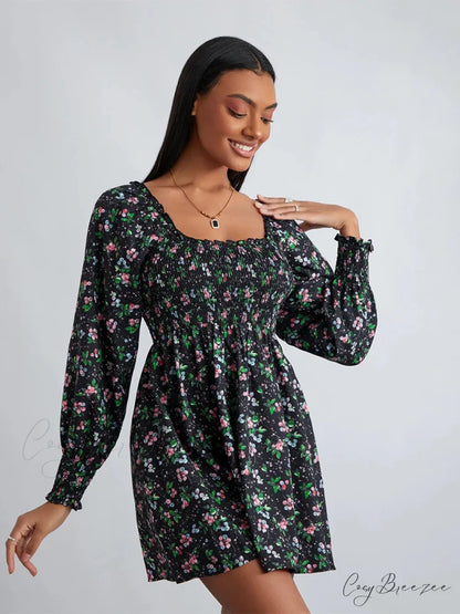 Retro Floral Print Ruffled Trim Square Neck A-Line Short Dress floraldress-250126