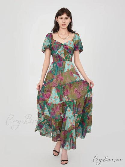 Retro Floral Print Swing Puff Short Sleeve Sweetheart Neck A-Line Beach Dress GREEN1 / S floraldress-250126