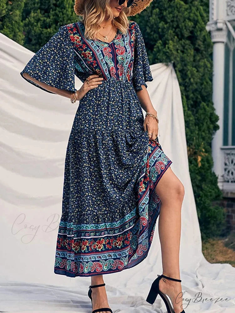 Retro Floral Print V-neck Boho Sundress bohodress-250126