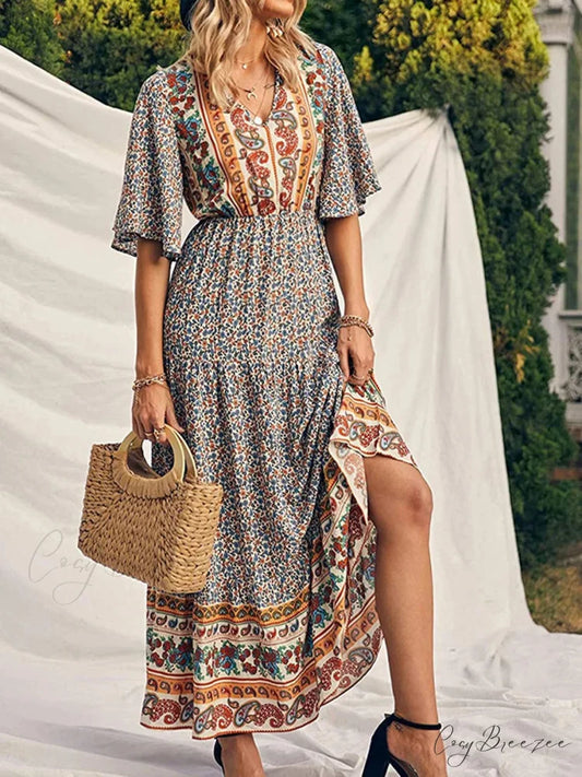 Retro Floral Print V-neck Boho Sundress Yellow / S bohodress-250126