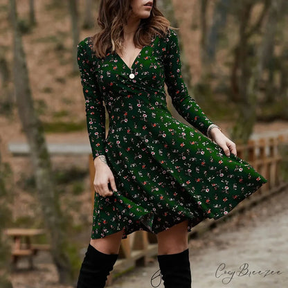 Retro Floral Swing Midi Dress Green / S oldfloraldress-250126
