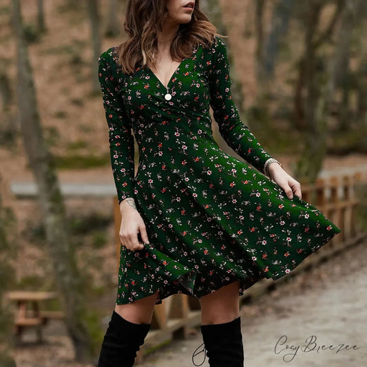 Retro Floral Swing Midi Dress Green / S oldfloraldress-250126
