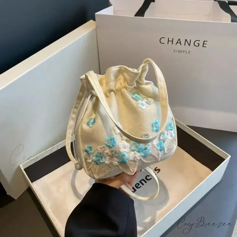 Retro Flower Embroidered Lace Drawstring Bucket Bag Blue handbag-250126