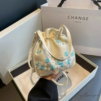 Retro Flower Embroidered Lace Drawstring Bucket Bag Blue handbag-250126