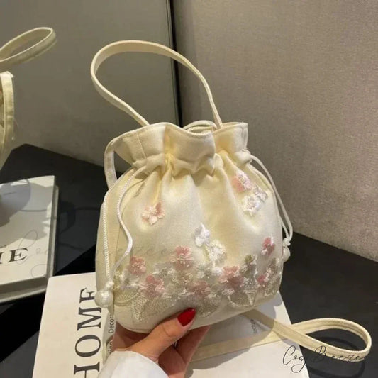 Retro Flower Embroidered Lace Drawstring Bucket Bag handbag-250126