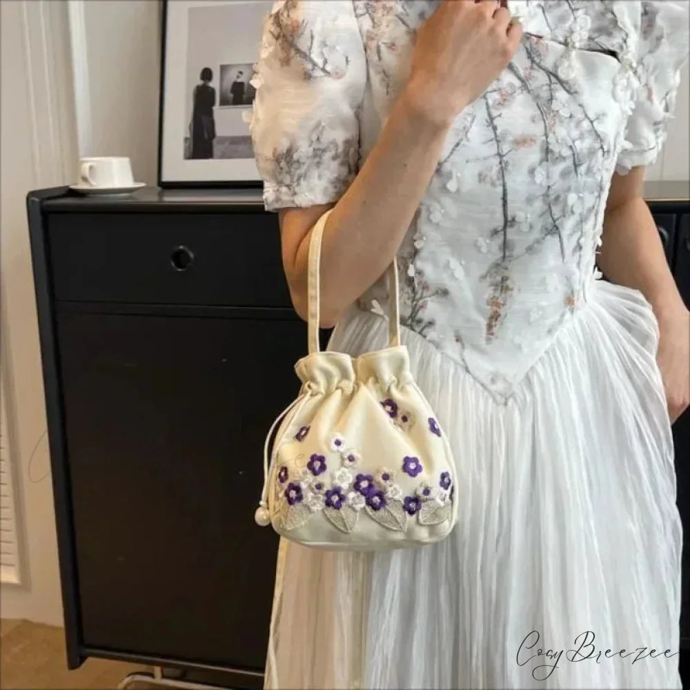 Retro Flower Embroidered Lace Drawstring Bucket Bag handbag-250126