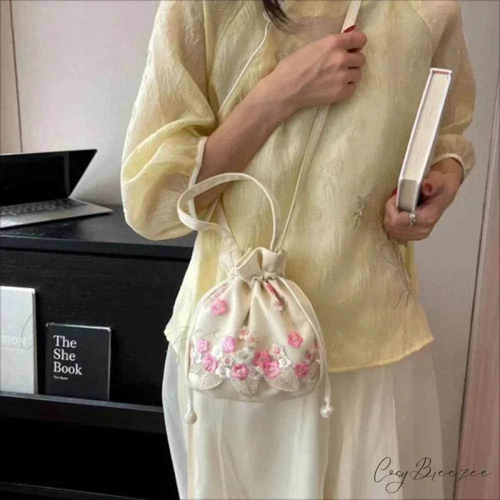 Retro Flower Embroidered Lace Drawstring Bucket Bag handbag-250126