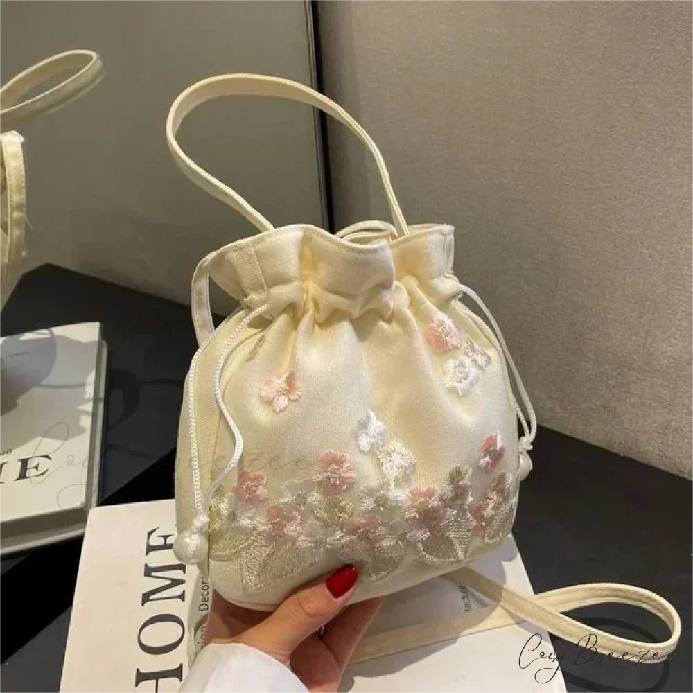Retro Flower Embroidered Lace Drawstring Bucket Bag Pink handbag-250126