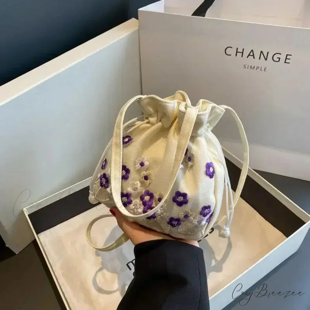 Retro Flower Embroidered Lace Drawstring Bucket Bag PURPLE handbag-250126