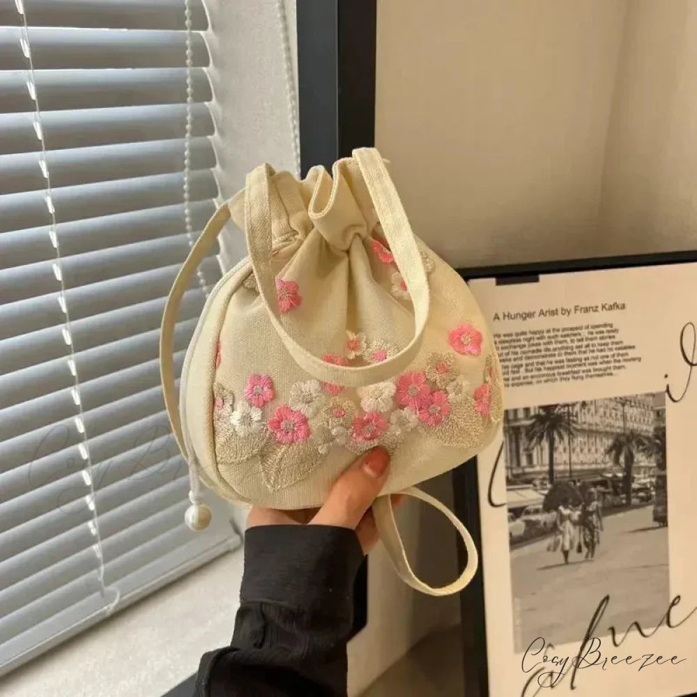 Retro Flower Embroidered Lace Drawstring Bucket Bag rose pink handbag-250126