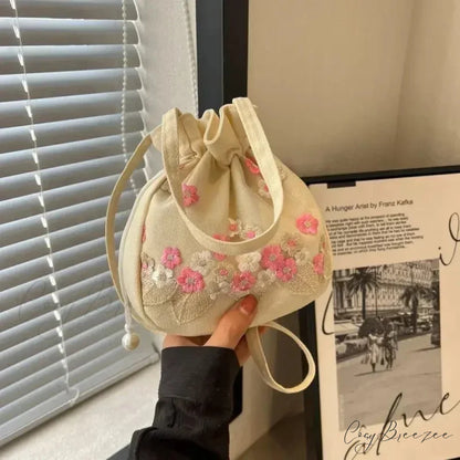 Retro Flower Embroidered Lace Drawstring Bucket Bag rose pink handbag-250126