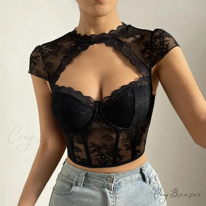 Retro Flower Lace Fishbone V-neck Crop Top croptop-250126