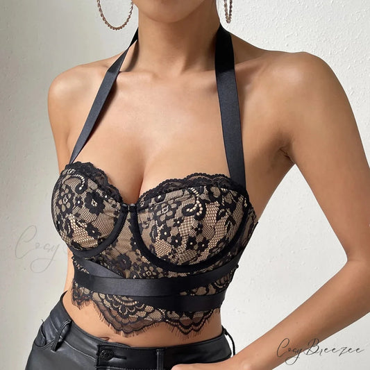 Retro Hollow Bandage Halter Lace Crop Top croptop-250126