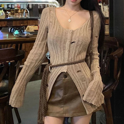 Retro Knitted Spring Long Sleeve Button Closure Slim Knit Top Khaki / One Size knittop-250126