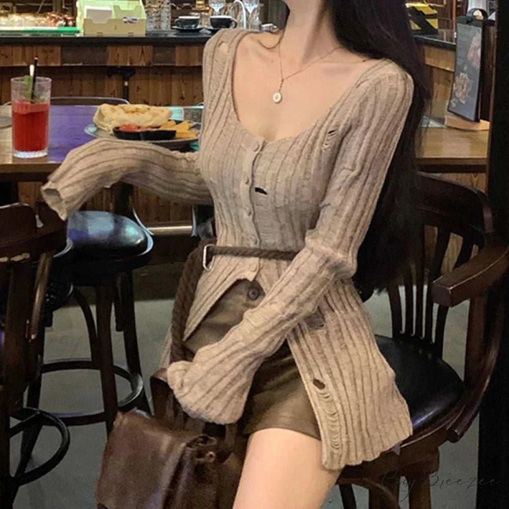 Retro Knitted Spring Long Sleeve Button Closure Slim Knit Top Khaki / One Size knittop-250126
