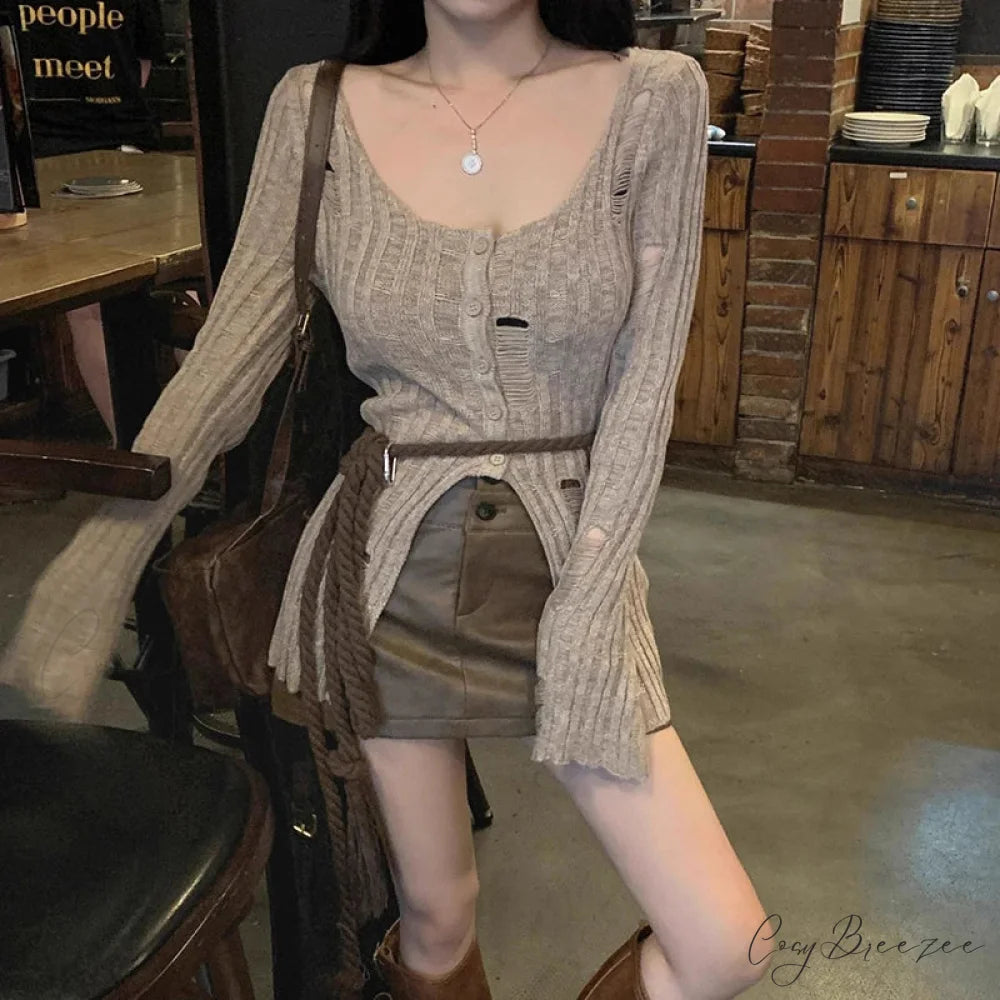 Retro Knitted Spring Long Sleeve Button Closure Slim Knit Top Khaki / One Size knittop-250126