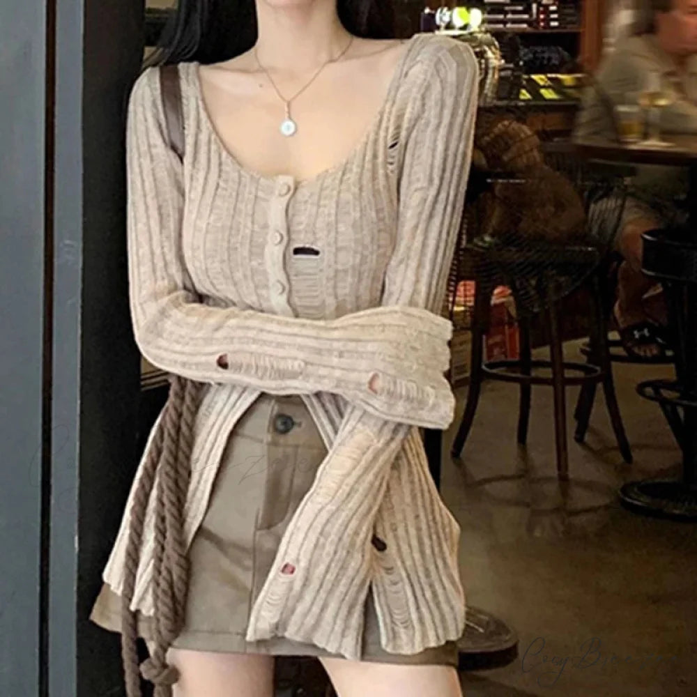 Retro Knitted Spring Long Sleeve Button Closure Slim Knit Top Khaki / One Size knittop-250126
