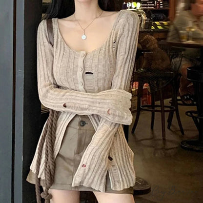 Retro Knitted Spring Long Sleeve Button Closure Slim Knit Top Khaki / One Size knittop-250126