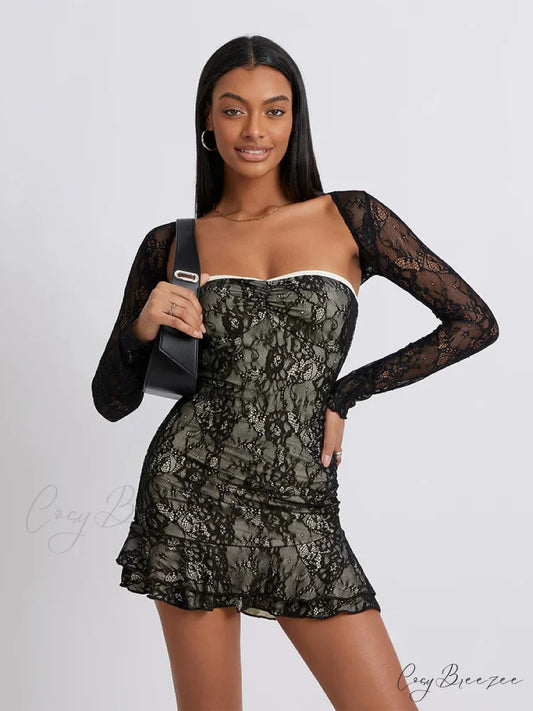 Retro Lace Bandeau Ruffled Mini Dress Shrug Black / S floraldress-250126