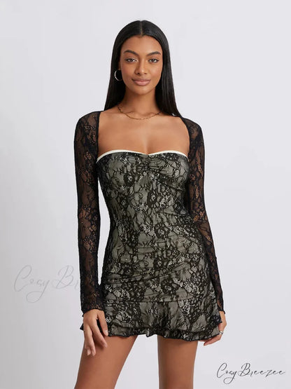 Retro Lace Bandeau Ruffled Mini Dress Shrug floraldress-250126