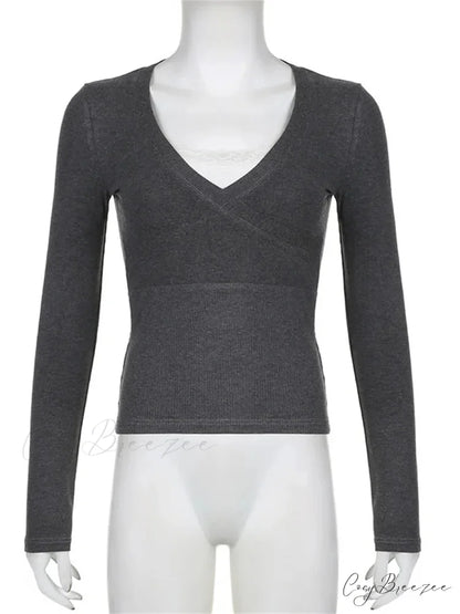 Retro Lace Patchwork Slim FitLong Sleeve V-Neck T-Shirts
