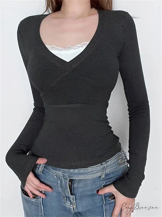 Retro Lace Patchwork Slim FitLong Sleeve V-Neck T-Shirts BLACK / S