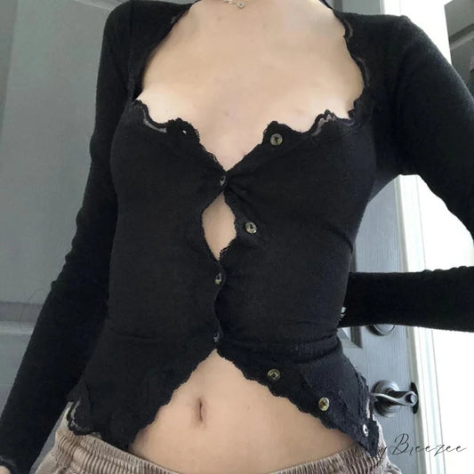 Retro Lace Trim Button Low Cut Slim Fit Knit Top Black / S knittop-250126