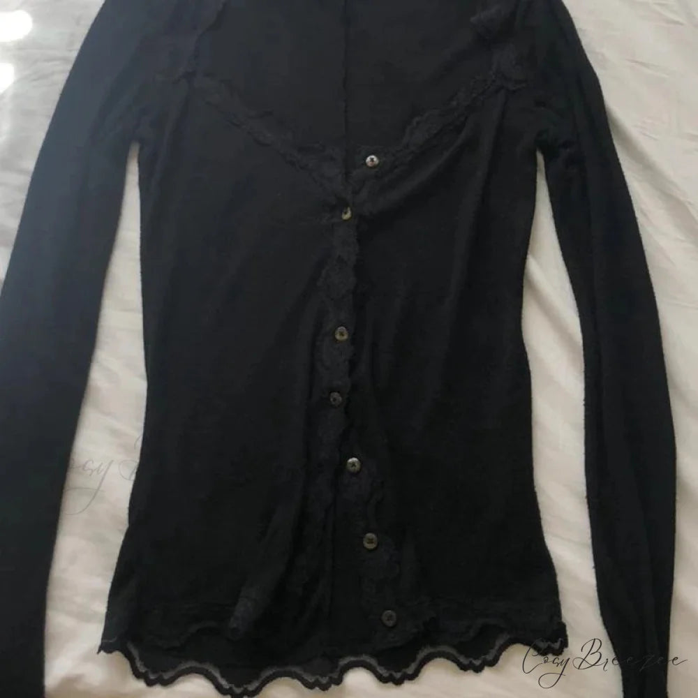 Retro Lace Trim Button Low Cut Slim Fit Knit Top knittop-250126