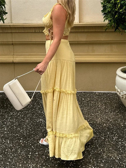 Retro Lace Trim Sleeveless Square Neck Tank Top with Long Skirt Set twopiecesset-250126