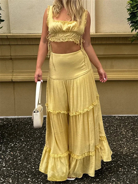 Retro Lace Trim Sleeveless Square Neck Tank Top with Long Skirt Set YELLOW / S twopiecesset-250126