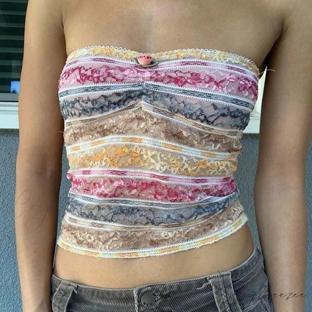 Retro Lace Trim Strapless Tube Crop Top croptop-250126