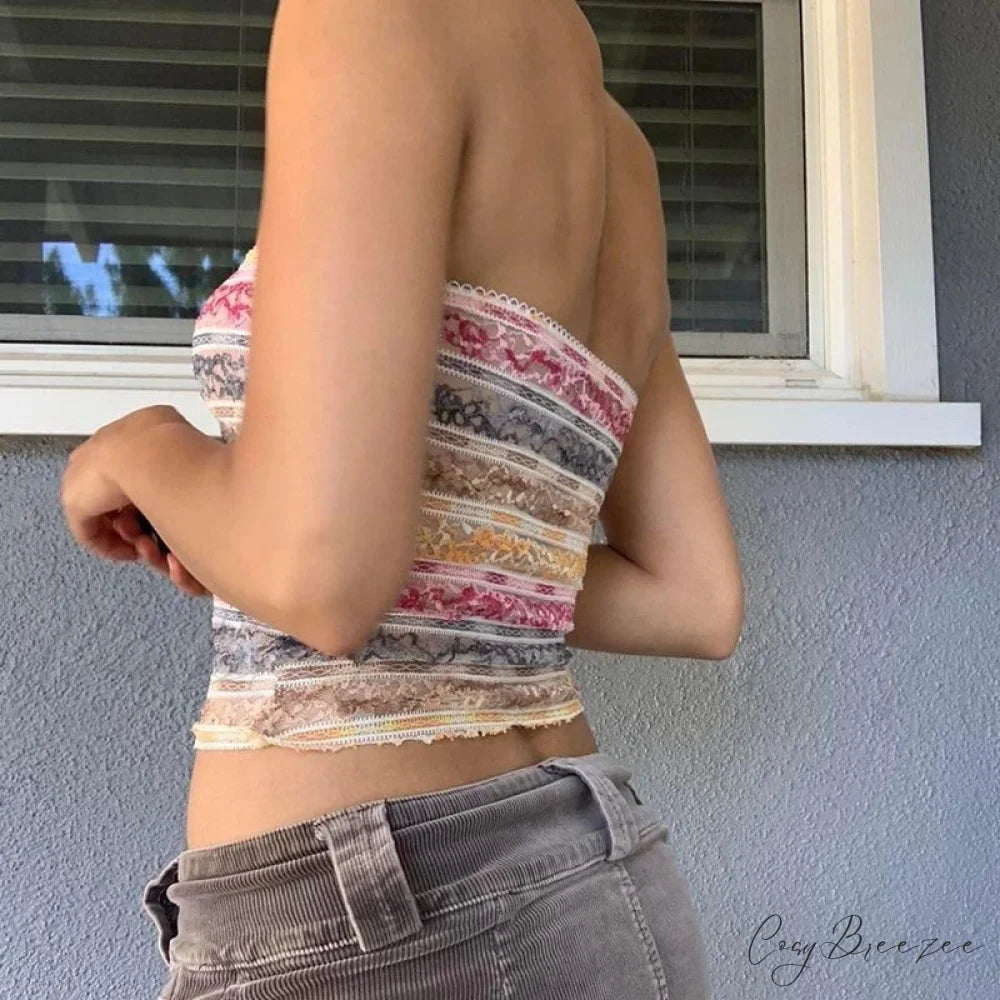 Retro Lace Trim Strapless Tube Crop Top croptop-250126