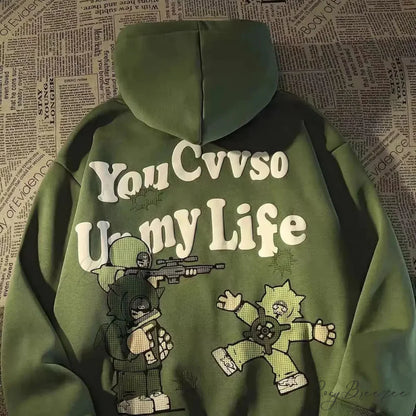 Retro Large Size Gothic Print Hoodie Green / S hoodies-241228