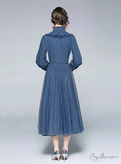 RETRO LONG SLEEVE MESH SEQUINED DENIM DRESS