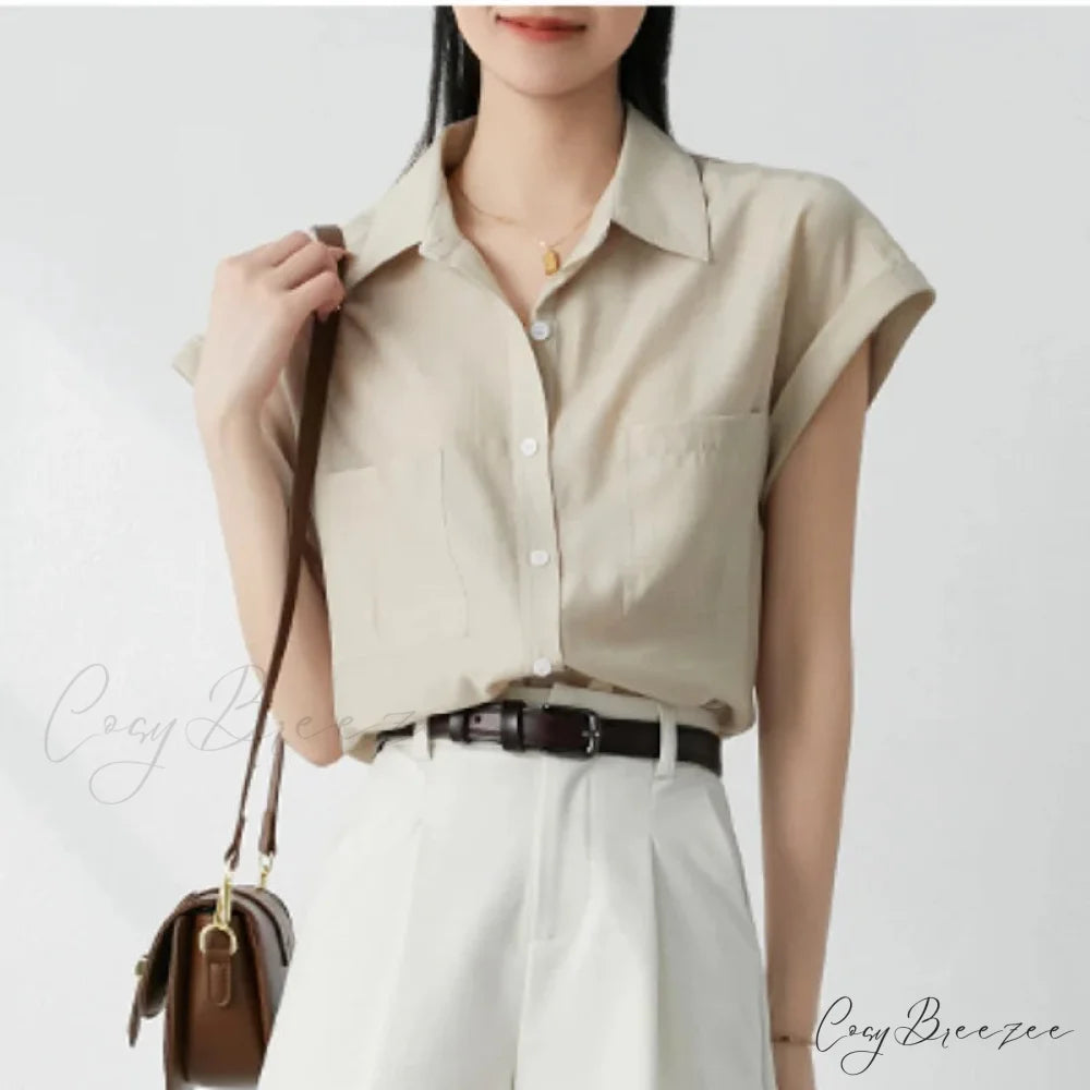 Retro Loose Lapel Pocket Short Sleeve Crop Top blouse-250126