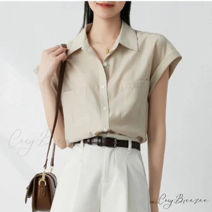 Retro Loose Lapel Pocket Short Sleeve Crop Top blouse-250126