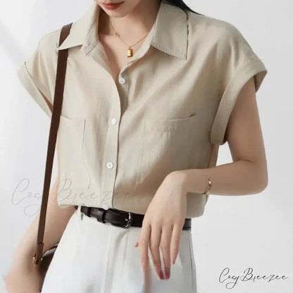 Retro Loose Lapel Pocket Short Sleeve Crop Top blouse-250126