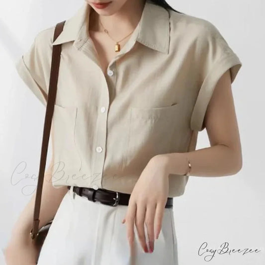 Retro Loose Lapel Pocket Short Sleeve Crop Top blouse-250126