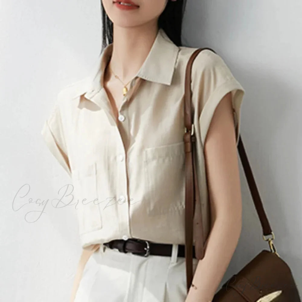 Retro Loose Lapel Pocket Short Sleeve Crop Top blouse-250126