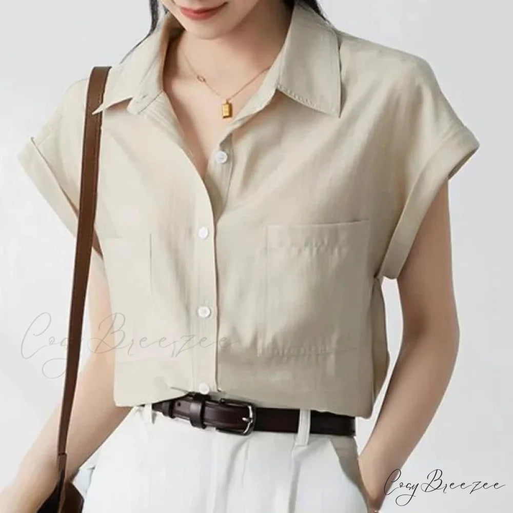 Retro Loose Lapel Pocket Short Sleeve Crop Top blouse-250126