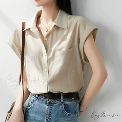 Retro Loose Lapel Pocket Short Sleeve Crop Top Khaki / S blouse-250126